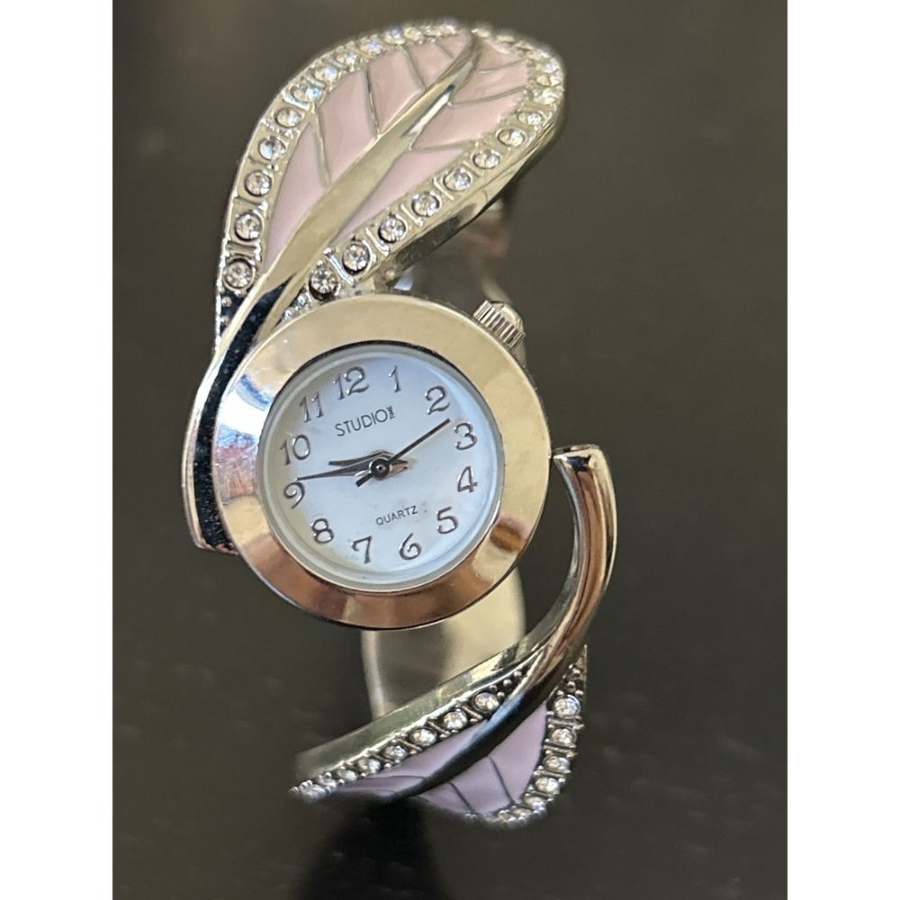 Studio Time Womens‎ Bangle Watch Silver Tone Pink Leaf Crystal Cuff STD3941T
